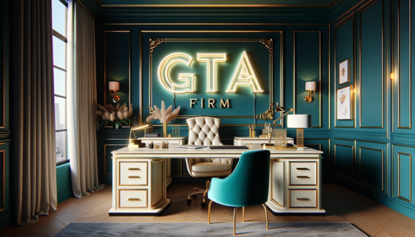 DALL·E 2023-12-27 19.13.12 - A luxurious, feminine office with a color palette of dark turquoise, cream, and gold. The office is elegantly furnished, featuring a high-end, cream-c
